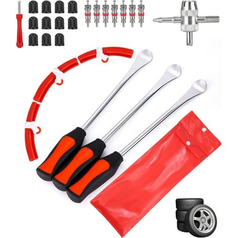 Outil Levier De Pneu, Demonte Pneu, Demonte Pneu Moto, 3 CuillèRes Outil Pneumatique Levier, avec 3 Jantes Protecteurs Roue Cuillères Changement Kit Accessoires pour Auto Moto Vél. (1/4)