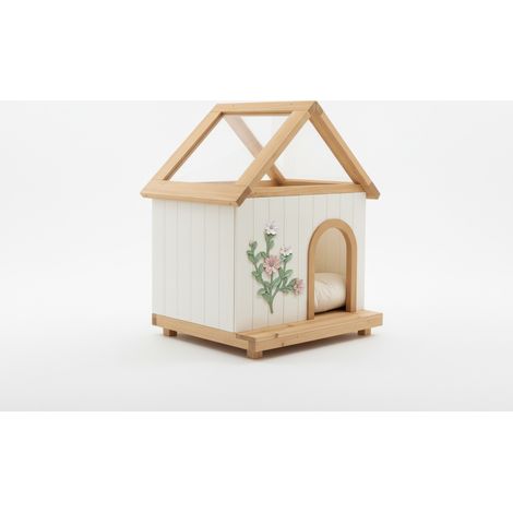 Casetta per gatti in legno 68x55x80 cm bianca con tetto in acrilico - CHICFURN (1/5)