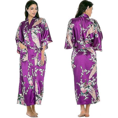 Langer Kimono-Bademantel aus luxuriösem, weichem Seidensatin für Damen – Größe L – Lila