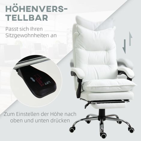 Fauteuil de travail ajustable avec repose-pieds, accoudoirs, assise pivotante et réglable, revêtement en cuir synthétique blanc.