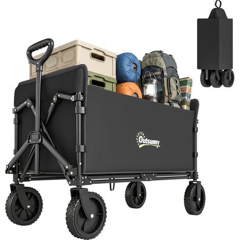 Chariot de jardin pliable 120L avec panneau ouvrant acier et polyester 90x48x62 cm noir