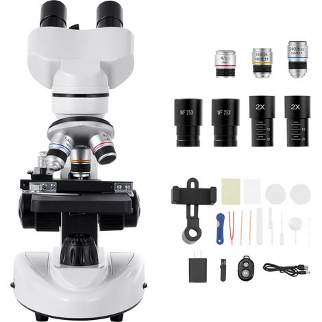 Mophorn Microscopio Binoculare, Kit Microscopio Composto con Ingrandimento 40-2000X, Struttura in Lega di Alluminio,Oculari,Illuminazione LED, Supporto per Smartphone, Ideale per Studenti, Laboratori