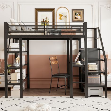 Hochbett 140x200 cm mit Schreibtisch und Kleiderschrank, stabiles Metall Loftbett mit Sicherheitstreppe und 3-lagigem Regal, Schwarz (1/5)