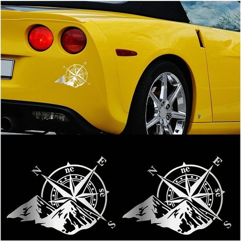 Lot de 2 autocollants ronds rectangulaires en PET pour voiture Motif boussole et montagne Blanc (1/5)