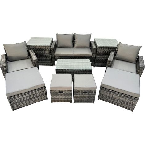 Fimous 8 Seater Wicker PE Rattan Furniture Outdoor Coffee Table Double Seat Sofa 4 Stools 2 Side Tables Set Dark Grey Mixed (1/4)