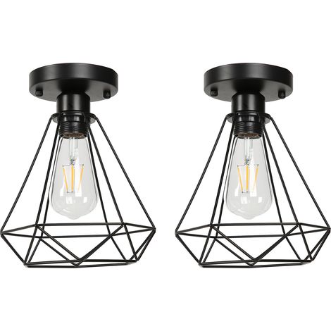 Lot E27 noir fer style industriel vintage, plafonnier métal cage pour ferme, cuisine, couloir, escalier, deux pièces, voltage 85-240V, sans ampoule, certifié CE+UL. (1/5)
