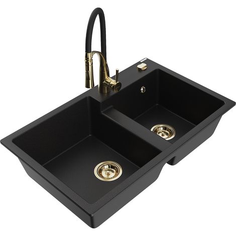 Mexen Tomas fregadero de granito de 2 senos con grifo de cocina Aster, negro - 6516-77-73450-57-G (1/5)