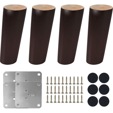 4 Pièces Pied de Meuble Bois Massif 15cm Noyer Obliques Pieds de Lit avec Plaque de Montage Vis Patins en Feutre Pieds pour Canapé Armoire Lit Meuble TV Commode Table Fauteuil (1/5)