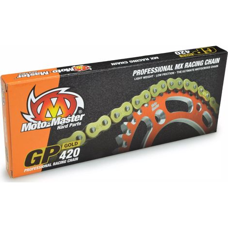 Cadena de transmisión MOTO-MASTER GP-420 MX profesional para motocross, sin juntas tóricas, color dorado (134 eslabones, clip incluido).