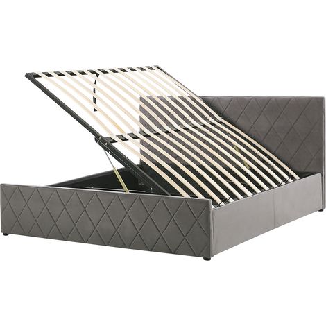 Cama con somier de terciopelo gris 160 x 200 cm almacenaje cabecero Rochefort