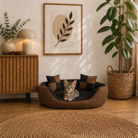 belviona Katzenkörbchen 4-in-1, wendbares Katzenbett mit niedrigem Einstieg, kratzfest & wasserabweisend, 65x50 cm, schwarz/braun (1/5)