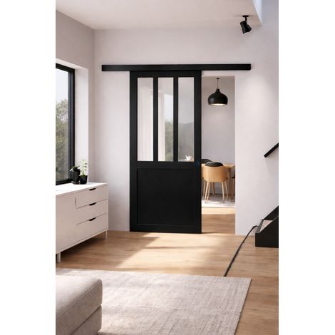 Porta scorrevole da officina nera H204 x L83 + binario in alluminio nero e 2 gusci neri