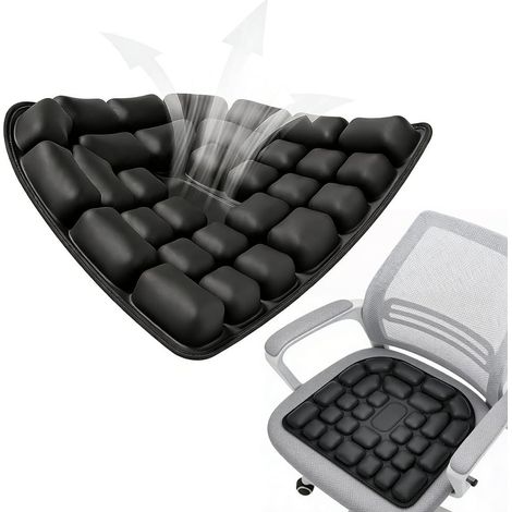 Coussin d'assise anti-escarres gonflable 45 x 40 cm Noir Coussin anti-escarres avec cellules d'air 3D pour soulager le coccyx au bureau, voiture, fauteuil roulant, voyage (1/5)