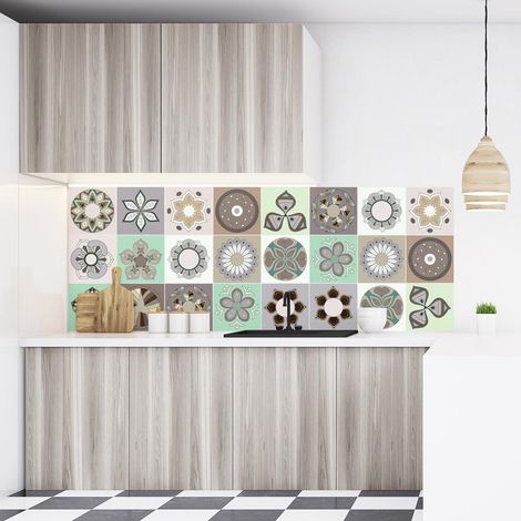 15 Stickers adhésifs carrelages Sticker Autocollant Carreaux de ciment Mosaïque carrelage mural salle de bain et cuisine Carreaux de ciment adhésif mural azulejos 15 x 15 cm 15 pièces (1/4)