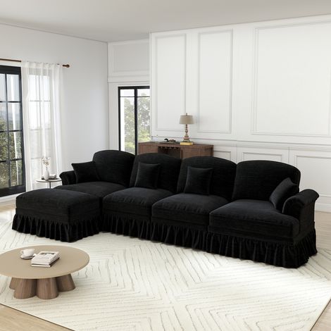 Canapé d'angle modulable 4 places en chenille, accoudoirs entonnoir, ceinture volants amovible, pieds fuselés, pouf inclus – Salon confortable (1/4)