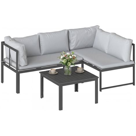 Set da Giardino 3pz con Divano Angolare 4 Posti e Tavolino a Doghe, in Metallo e Poliestere Grigio