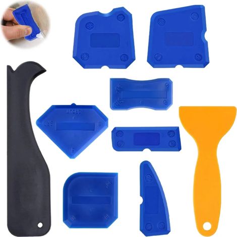 Set di 9 attrezzi blu per la rimozione del sigillante siliconico, utilizzabile per sigillare bagni, cucine, piastrelle e infissi. (1/5)