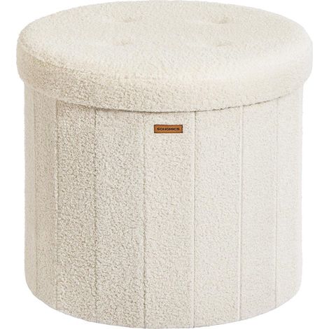 Sgabello/poggiapiedi rotondo con coperchio rimovibile 46 x 45 cm pieghevole facile da montare tessuto felpato per camera da letto soggiorno corridoio bianco crema 120006350