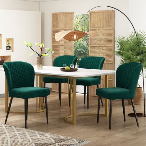 Conjunto de comedor de MDF blanco y terciopelo verde, 4 plazas, moderno, con sillas acolchadas y mesa estable (1/5)