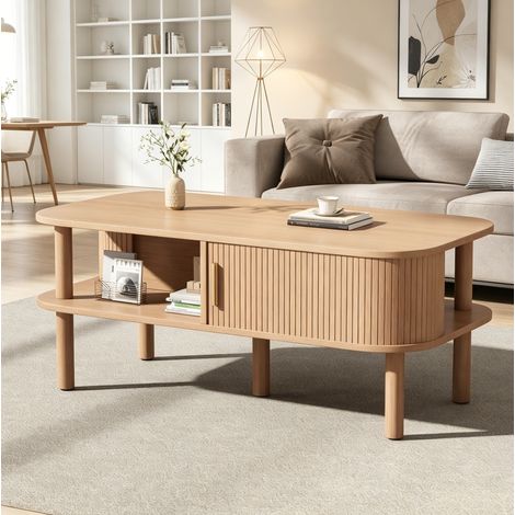 Table Basse Scandinave avec Porte Coulissante Striée et Étagère Ouverte, pour Salon, MDF, 110 × 55 × 45 cm, Naturel (1/5)