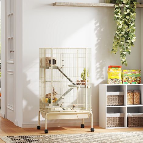 Gabbia per conigli, recinto a 4 livelli con 2 porte, 3 rampe, vassoio profondo, ruote, 69 x 44 x 120 cm, beige (1/5)