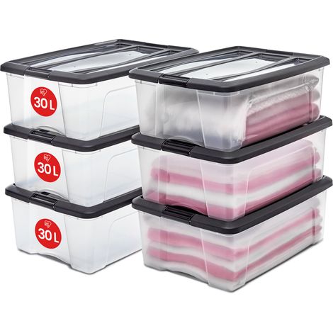 Iris Ohyama, Cajas de plástico con tapa, 30L, set de 6, negro, NTB-30