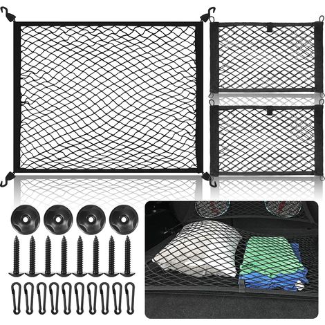 1 Set Filet de Rangement, Polyester Élastique, Filet Coffre Voiture, Noir, avec Crochets et Vis, pour Bagages et Petits Objets, SUV et Berline (1/5)