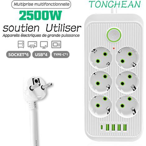 TONCHEAN Multiprise Electrique,Bloc 6 Prises 2500W 10A 230V avec 4 Ports Chargeur (4 USB A+1 USB C) Prise Multi Parasurtenseur Parafoudre et Surtension avec Interrupteur Cable 2m-Blanc (1/4)