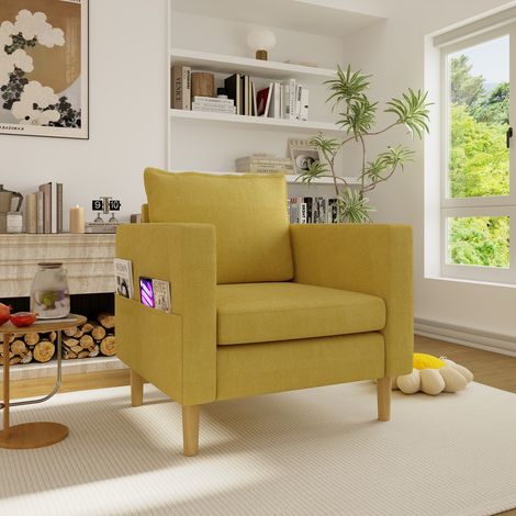 Chaise de loisirs monoplace 71×68×82 cm, coussin confortable et sac de rangement, style nordique pour coin lecture et intérieur - Jaune moutarde (1/5)