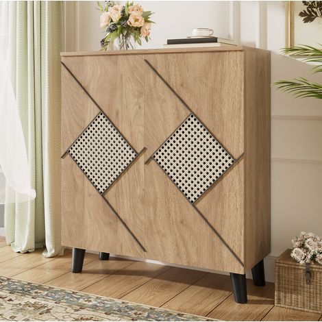 Schuhschrank 80 x 32 x 91 cm mit geschlossenen Türen und Rattanoptik HAVRYA (1/5)