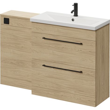 Napoli 390 Light Oak 1300mm 2 Drawer Vanity Unit Toilet Suite with Glide Basin - 1300mm - Matt Black 480mm HandleWithout Kingston Toilet Pan