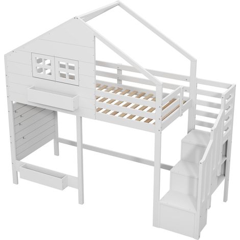 Cama alta infantil 90x200 cm de pino blanco con escalera de almacenaje y barandillas (1/5)