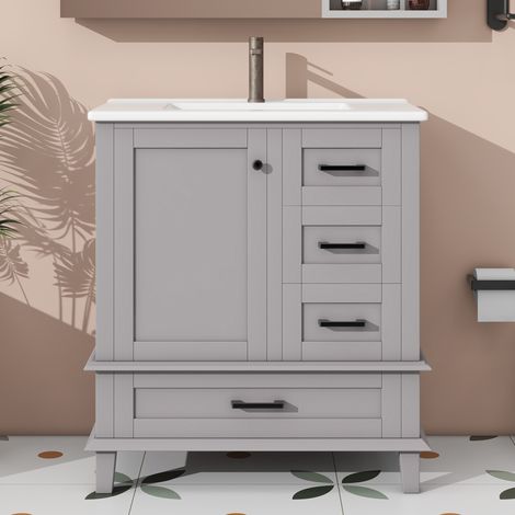 Meuble de salle de bains sur pied avec lavabo 76x46x83,5 cm, finition entièrement laquée, étagère de porte, trois tiroirs silencieux, lavabo en céramique intégré, gris (1/5)