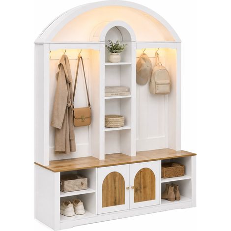 Penderie d'entrée multifonction avec étagères, crochets et rangements bas, design cintré blanc et bois pour un hall ordonné  CHICFURN (1/5)