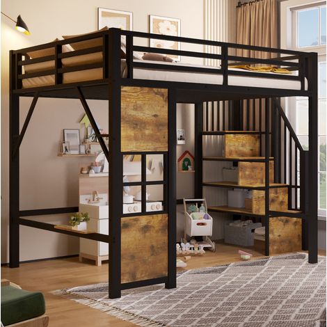 Cama alta 140x200 cm negra con escalera de almacenaje, barandilla de seguridad y espacio inferior abierto, estructura de metal y MDF para dormitorio infantil CHICFURN (1/5)