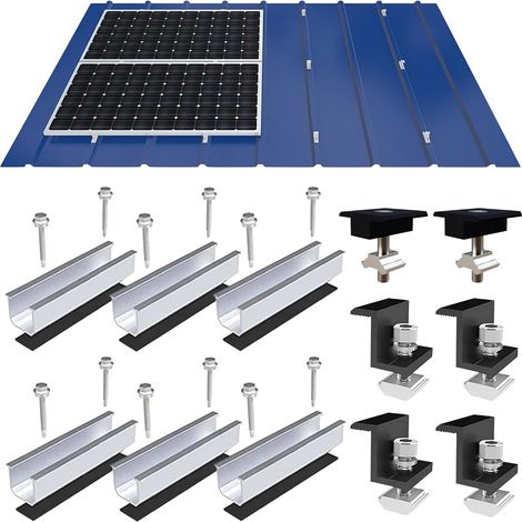 Kit de Montage pour Panneau Solaire - Rails de 12 cm, Support Réglable en Aluminium pour Toit en Métal ou Plat, Noir, pour Panneaux Épais 30-35 mm