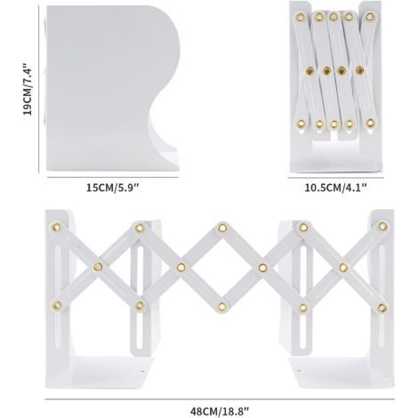 Sujetalibros retráctil, sujetalibros metálico ajustable para estantería, ideal para estudio, dormitorio y oficina (blanco). (1/4)