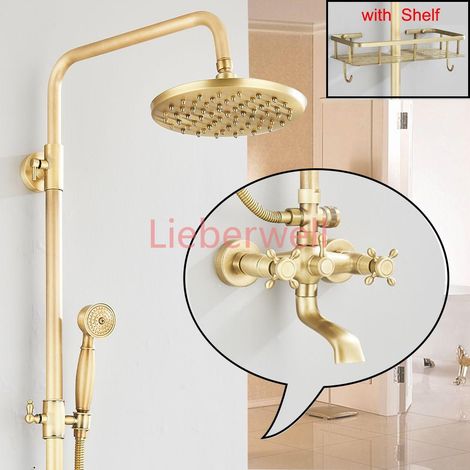 Ensemble de robinets de salle de bain et douche en laiton Antique, 8 pouces, support mural à double poignée, étagère de douche à main, systèmes chauds et froids, mélangeur système de douche de pluie (1/5)