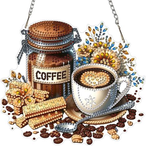 Diamond Painting Anhänger Kaffee, Fensterbild Bastelset mit Spezialdiamanten