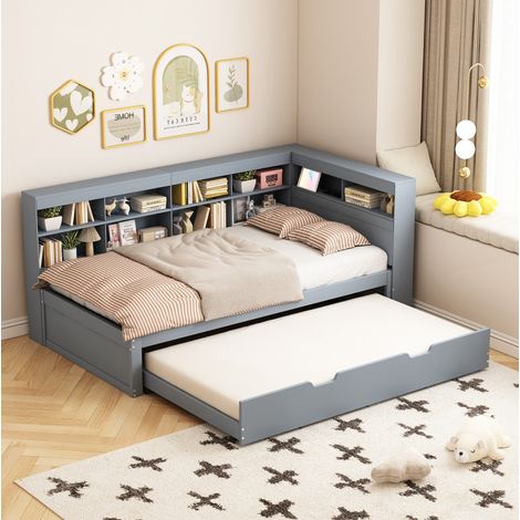 Lit simple 90x200 avec lit gigogne USB bois gris OKMYHOME (1/5)