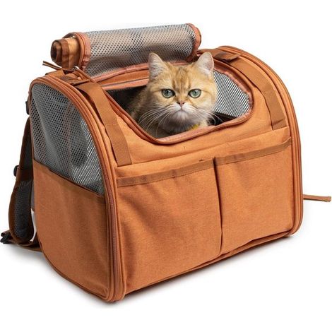 Sac de transport pour chat – Marron clair – Extensible – Respirant – Grande capacité (1/4)