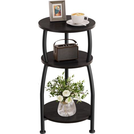 Table d'appoint ronde, fine, à 3 niveaux, petite table d'appoint avec étagère de rangement, table de chevet pour salon, chambre à coucher, petit espace, cadre en métal, vintage, 30 x 55 cm (noir (1/5)