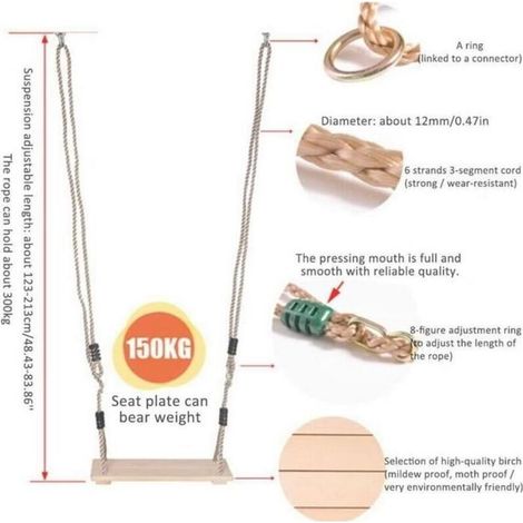 Siège de balançoire suspendu en bois avec corde réglable de 180 cm de longueur, accessoires de remplacement de siège de balançoire