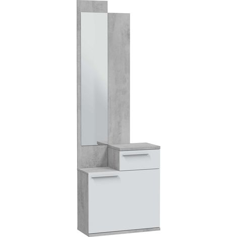 Mueble Recibidor con Espejo y Zapatero Karen Color Blanco Artik y Cemento 61x185x28 cm