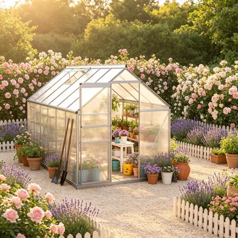 Serre tunnel polycarbonate 7,1 m² en aluminium, porte coulissante, toit ouvrant, pour jardin, balcon, terrasse & potager (1/5)