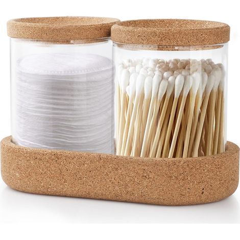 Cotton swab storage box (2 pieces) with cork lid, transparent, ideal for cotton swabs, cotton buds and dental floss. (1/5)