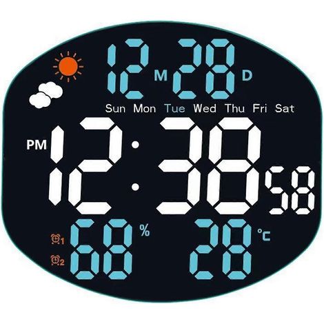 Horloge murale numérique LED USB, grand écran, fonction télécommande, minuterie, réveil, réglage automatique de la luminosité, affichage de la température et de l'humidité, lumière blanche et bleue. (1/5)