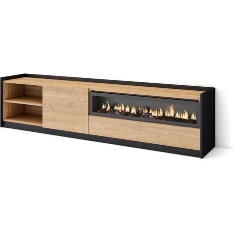 Mueble TV Marbella-02 de 207x50x37 cm con chimenea eléctrica, color roble y negro (1/4)