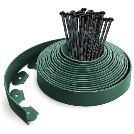 Bande de bordure de jardin en plastique de 10 mètres de long avec 30 poteaux d'ancrage, 50 mm de haut et 4 mm d'épaisseur, verte.