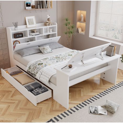 Cama 140x200 cm blanca de madera con almacenaje y mesa abatible (1/5)